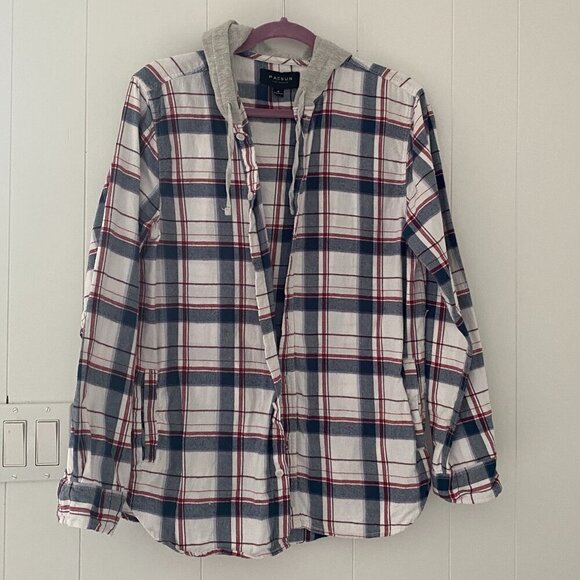 Pacsun Flannel Hoodie Men’s M Blue Red Button Up Plaid Casual - Picture 1 of 6